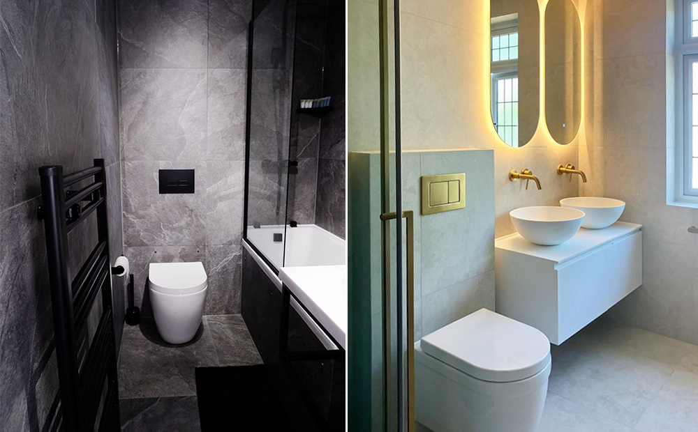 (Left) Brazilian slate Nero porcelain bathroom tiles, (Right) Cementini Bianco porcelain bathroom tiles